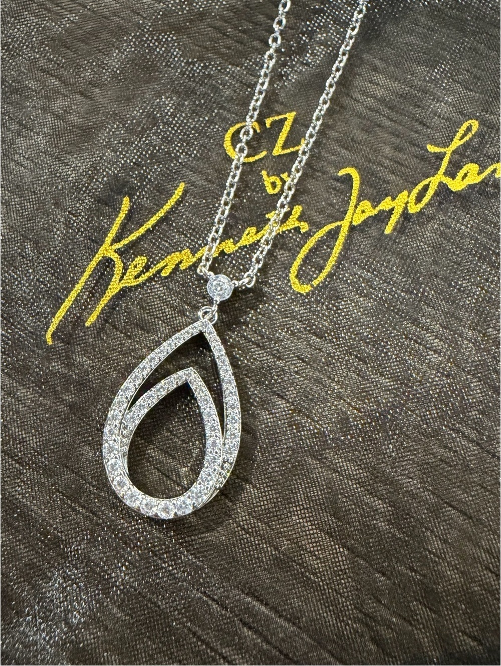 CZ by Kenneth Jay Lane Pave Silver Tone Double Pear Pendant Necklace NEW